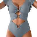 B2prity Women One Piece Swimsuit Tummy Control Ruffle Sleeve V Neck Bathing Suit Cutout Sexy High Waisted Monokini (Blue, XL)