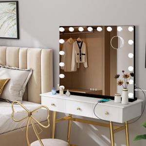 Moonee Vanity Mirror with Lights, Black Hollywood Lighted Makeup Mirror with 18 Dimmable Bulbs and 10X Magnification, 3 Colors Modes, Aluminum Metal Frame, Light Up Mirror for Tabletop/Wall32" x 24"