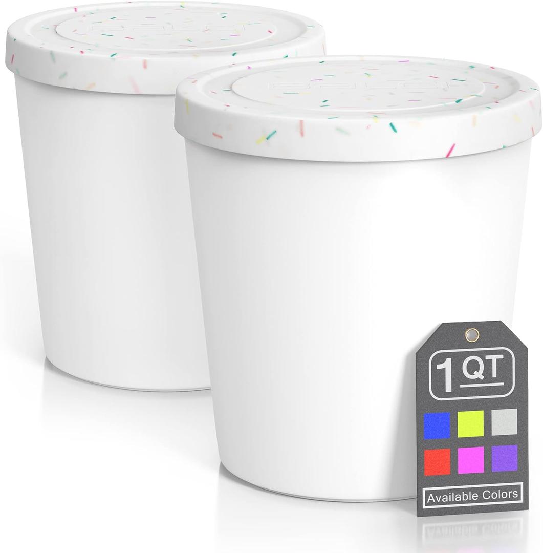 BALCI - Premium Ice Cream Containers (2 Pack - 1 Quart Each) Perfect Freezer Storage Tubs with Lids for Ice Cream, Sorbet and Gelato! - White With Sprinkles