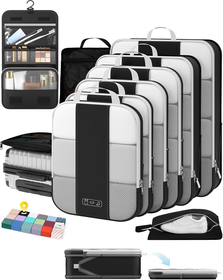 10 Set Compression Packing Cubes for Travel Essentials, Compressible Expandable Packing Cubes for Suitcase, OlarHike Luggage Organizer Bags for Travel, Handy Helper for Organizing Clothes (Black)