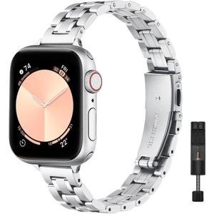 STIROLL Thin Replacement Band Compatible for Apple Watch 38mm 40mm 41mm 42mm 44mm 45mm 46mm 49mm, Stainless Steel Metal Wristband Women Men for iWatch Ultra SE Series 10/9/8/7/6/5/4/3/2, Silver (38mm/40mm/41mm/42mm(Series 10))