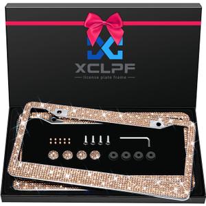 Bling License Plate Frame for Women, Sparkly Stainless Steel License Plate Frames| Over 1200 pcs 14 Facets Bedazzled Clear Glass Diamond Rhinestone Crystals w/Free Glitter Diamond+GiftBoxChampagne