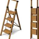 4 Step Ladder,Lightweight Folding Step Stool with Aluminum Wide Pedal& Convenient Handgrip,330lbs Capacity Steel Ladder for Household and Office(Woodgrain)