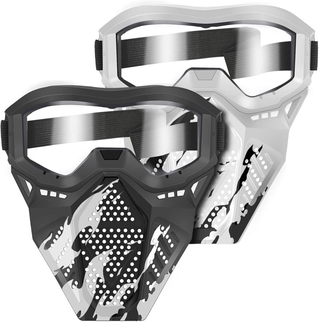 POKONBOY Upgraded 2 Pack Tactical Mask, Mask with Goggles Compatible with Nerf Rival, Apollo, Zeus, Khaos, Atlas, Artemis and N-Strike Elite Blasters (White & Black)
