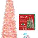 HMASYO 6 FT Pop Up Christmas Tree with 100 LED Lights & Remote, Pink Christmas Tinsel Tree, Collapsible Artificial Pencil Tree for Home Office Party Decor, USB Powered Timer Lights, Easy Assembly