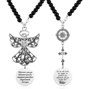 2pcs Angel & Cross Hanging Car Charms for Rear View Mirror, Guardian Psalm 91:11 Rearview Hanger Ornament Accessories, Protection Car Pendant Perfect Bible Verse Day Decor Gifts for Family Friends