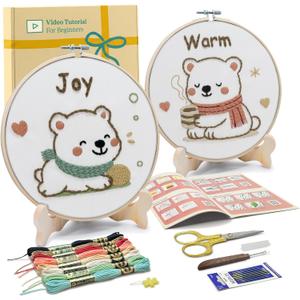 Bradove Embroidery Kit for Kids and Adults, Bears Embroidery Kit for Beginners, Easy Needlepoint Starter Kit with 2 Display Stands
