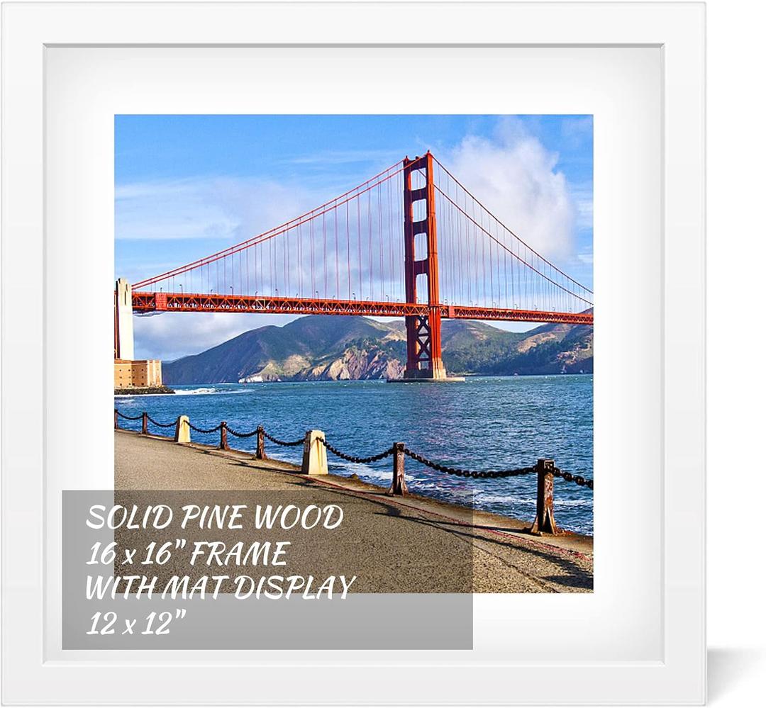 16x16 inch Wood Picture Frame for Wall Hanging Square Photo Frames with Mats 12x12 inch Pictures for Baby Scan,Poster,Decoration,Anniversary,Wedding,Christmas,Diamond Painting(White)