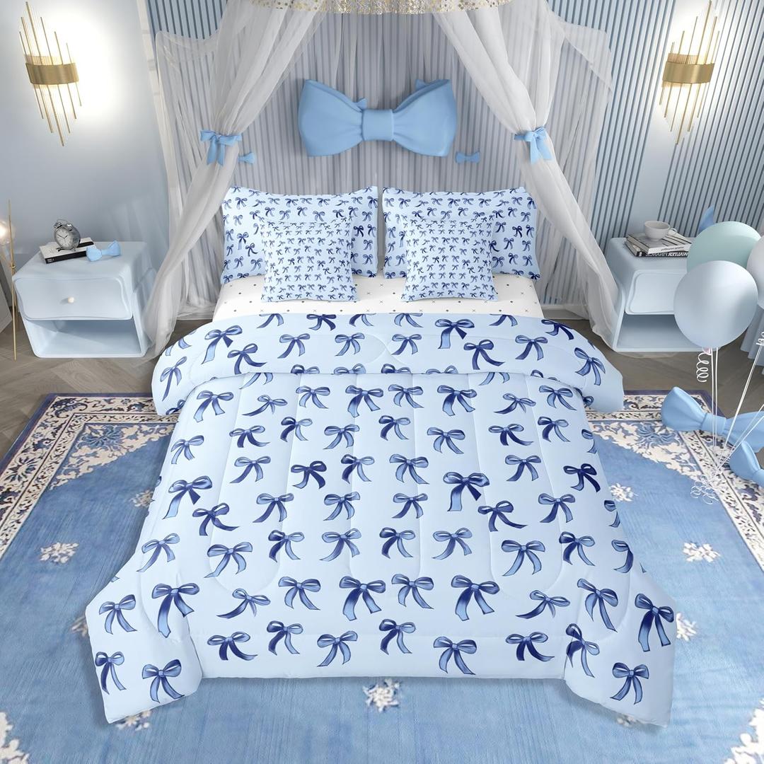 Erosebridal Blue Bow 7-Piece Bedding Set Twin Size Teen Girl Coquette Bow Comforter Set with Sheets Modern Trendy Cute Bowknot Bed in A Bag for Preppy Princess Fashion Bowknot Quilt Duvet Bed Sets