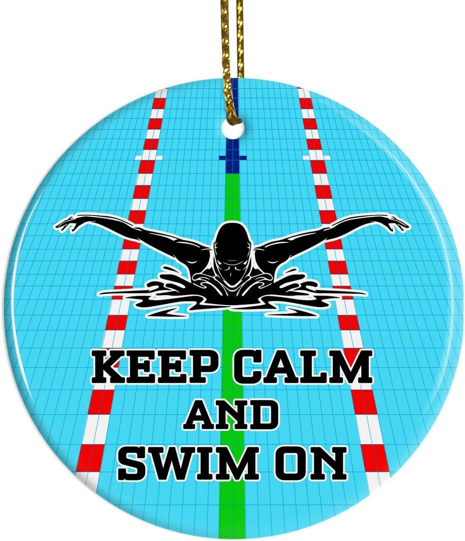 Keep Calm and Swim On Girls Swimming Christmas Ornament, Gifts for Swimmers Girls Swim Team Swimming Pool Ornament Hanging Decorations for Xmas Tree, Sports Gifts for Female Swimmers Athlete Coaches