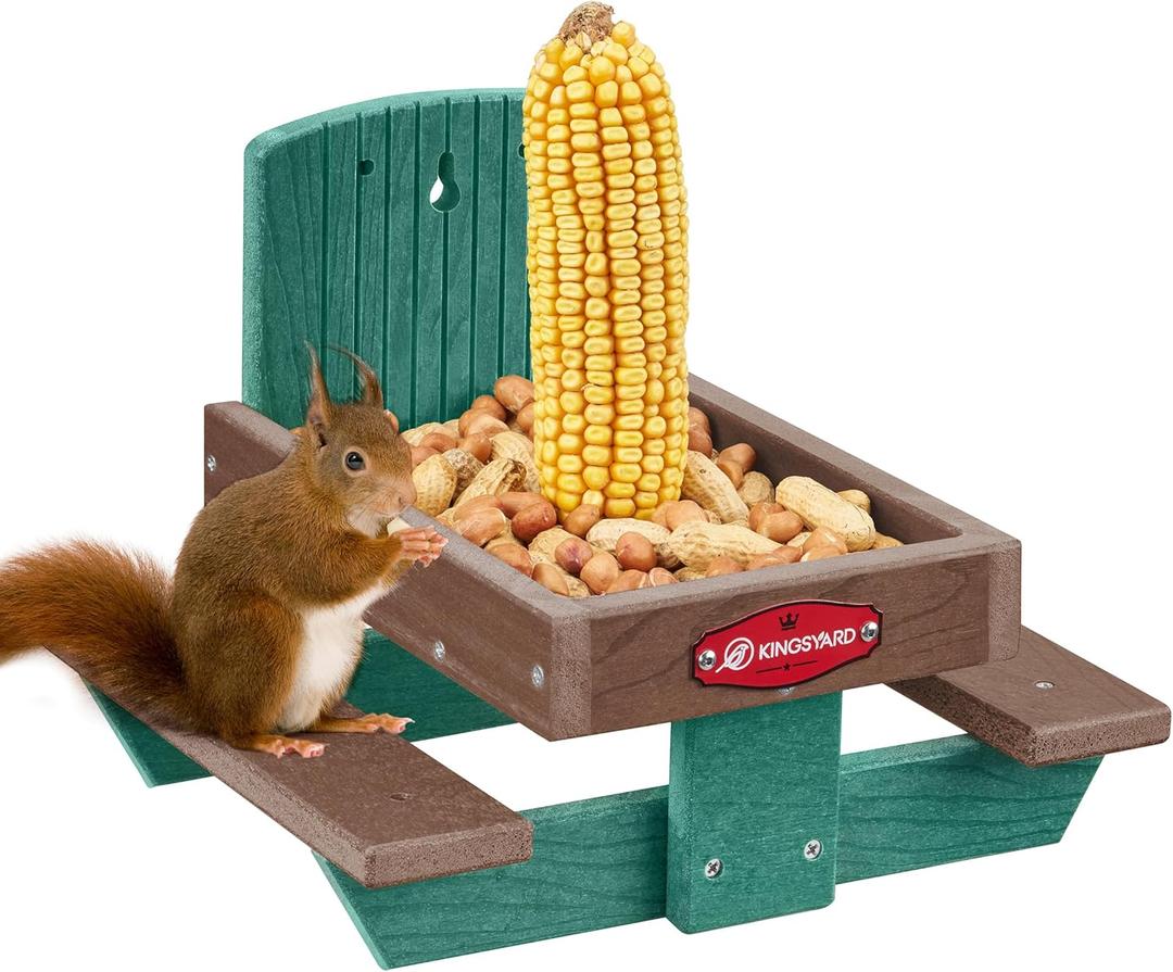 Kingsyard Squirrel Feeder Table for Outside, Recycled Plastic Squirrel & Chipmunk Picnic Table Feeder with Corn Cob Holder, 2 x Solid Structure Benches, Easy to Clean