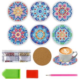 Mandala Diamond Art Coasters kit, 6 Pieces with Metal Holder, 4 Inch Round Multicolor Floral Design, Set of 6, Cup Mats for Home Decoration, Winter Gifts, Non-Slip