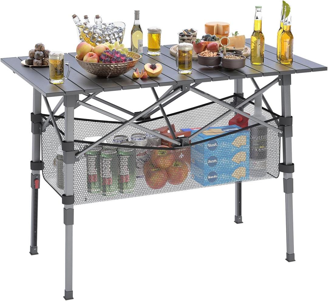 Portable Camping Table with Adjustable Height Legs, Lightweight Aluminum Roll-up beach tables for sand foldableFolding Picnic Table Large Storage Basket for Outdoor camping (Black, Medium 37")