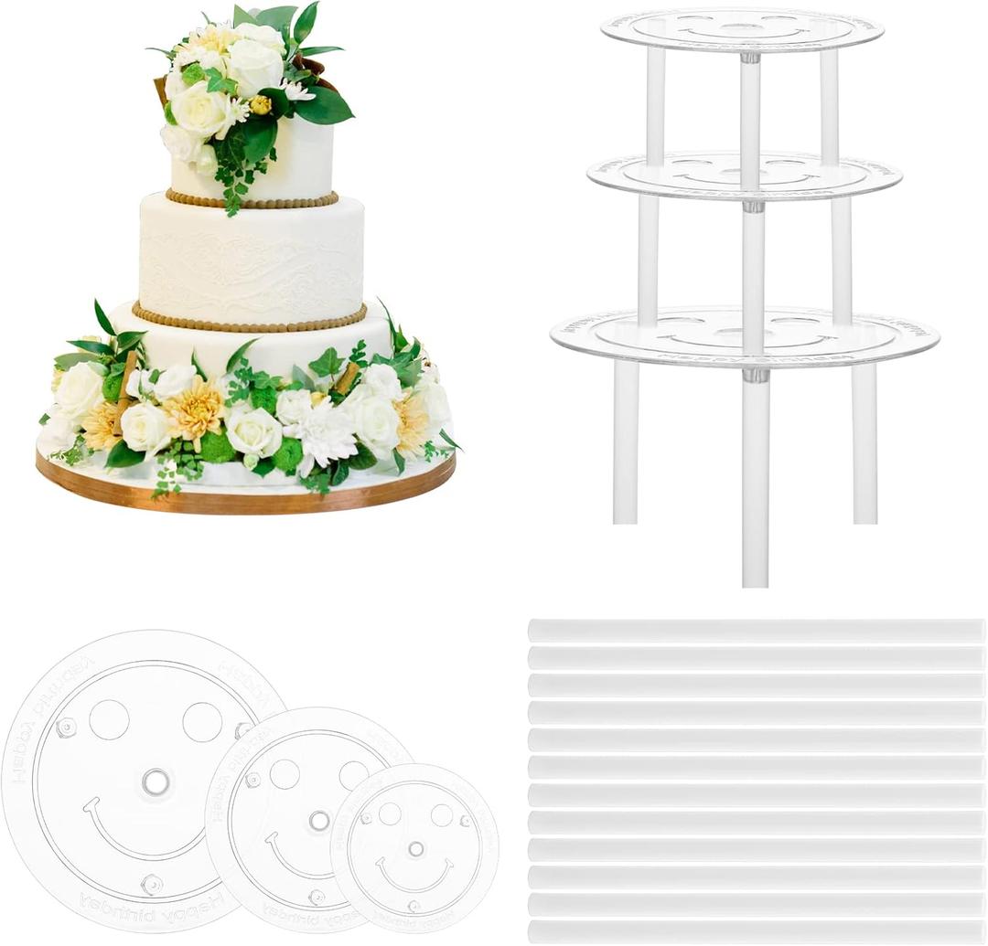 Thinp 15 Pcs Cake Dowels Rods with 3 Cake Boards Set, 4 6 8 Inch Plastic Tiered Cakes Supports, Reusable Hollow Stacking Dowels for Wedding Birthday Party Cakes Construction Supplies