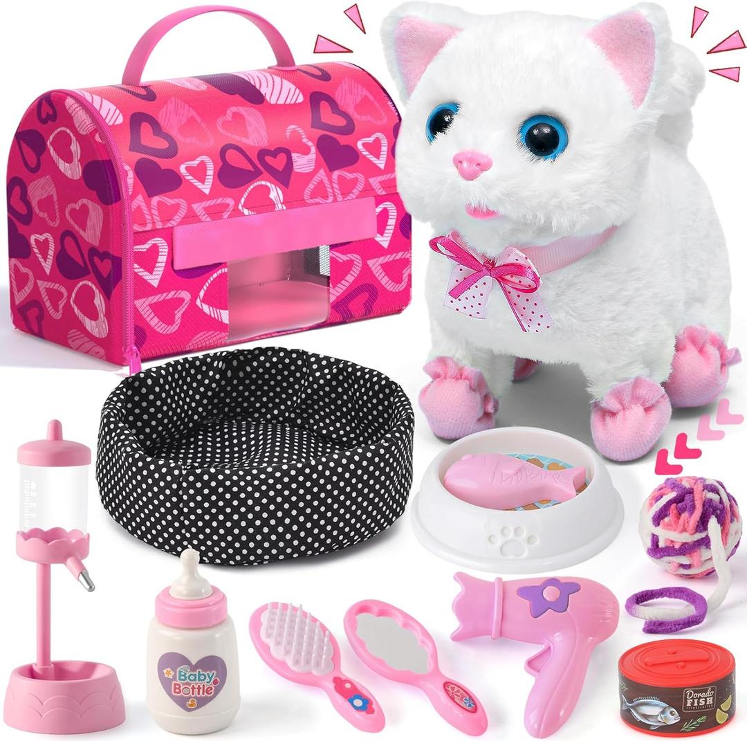 Golray Cat Toys for Kids Girls Gift, Electronic Interactive Plush Toy Cat Can Walk and Meow - 16 Pcs Carrier & Pet Groom Feed Care Pretend Play Set, Birthday Gift for Toddler Little Girl 3 4 5 6 7 8 9