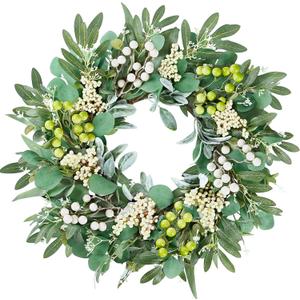 Sggvecsy Artificial Eucalyptus Wreath for Front Door 20 Inch with Greenery Leaves Lambs Ear White Berries for Spring Summer Farmhouse Window Porch Wall Home Indoor Outdoor Decor