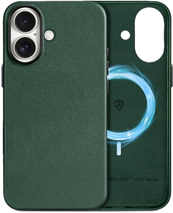 SHIELDON Leather Case for iPhone 16 Plus 6.7", Crazy Horse Top Grain Leather Magnetic Wireless Charging Slim Shockproof with Metal Buttons Compatible with iPhone 16 Plus 5G 