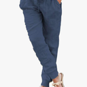 Puimentiua Womens Tapered Pants Cotton Linen Drawstring Back Elastic Waist Pants Casual Trousers with Pockets,L