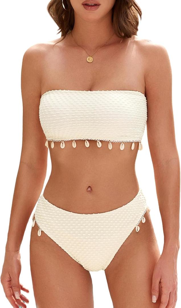 ZAFUL Women Strapless Bandeau Bikini Shell 2 Piece Swimwear Cheeky Solid Lace up Pom Bathing Suits (X-Large, 0-beige)