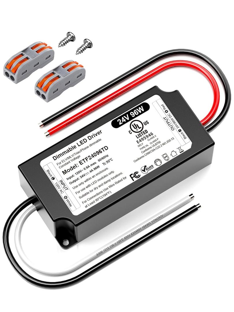 96W 24V Dimmable LED Driver UL Listed, DC 24V Triac ELV/MLV LED Dimmable Power Supply Compatible with Lutron & Leviton Switches 96 Watt LEDs Transformer 24 Volt Smooth Flicker Free Dimming
