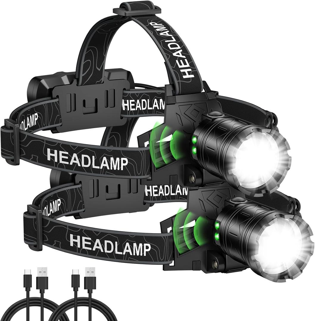 Headlamp Rechargeable 99,000LM Super Bright, 2pack LED Head Lamp with 3 Modes, 90Adjustable Head Lights for Forehead, IPX6 Waterproof HeadLamps for Camping Hiking
