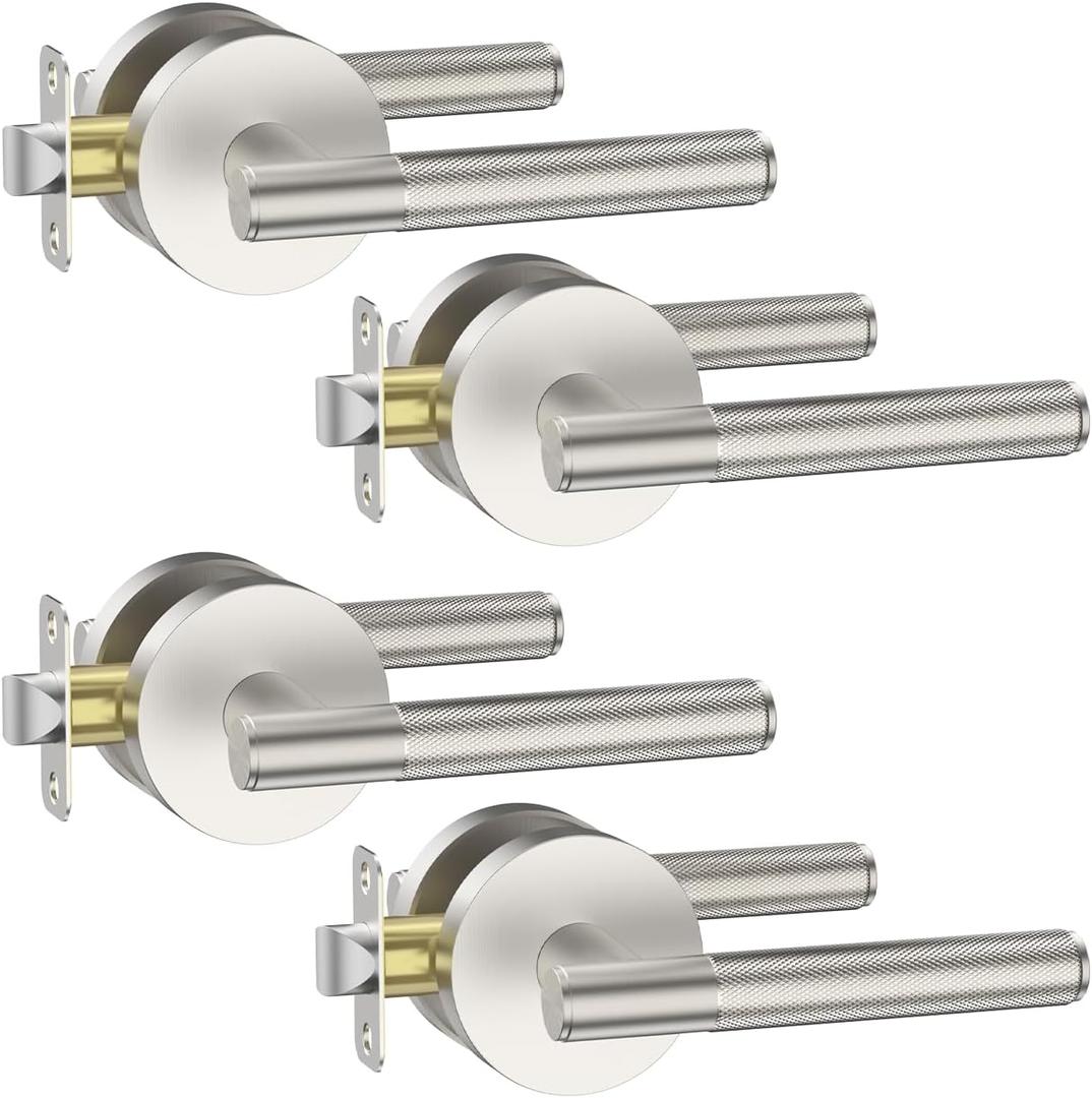 Asidrama 4 Pack Passage Brushed Satin Nickel Door Handles, Door Lever with Door Knobs Indoor for Bedroom or Bathroom, Heavy Duty Door Handles Interior with Locks for Left Right Sided Doors