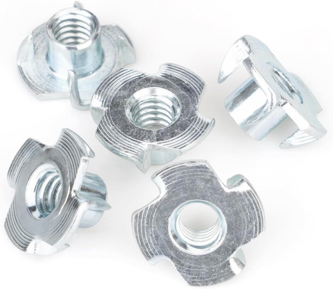 1/4"-20 T-Nuts (100 Pack), Zinc-Plated Steel Corrosion Resistant, 5/16" Barrel Length, 4-Pronged Tee Nut for Wood, Rock Climbing Holds, Cabinetry