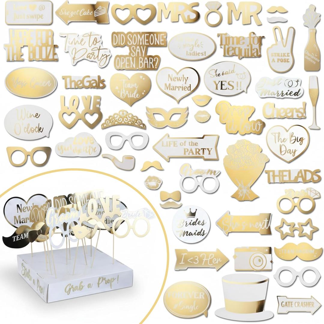 SOUL SHIFT 60PCs Fully Assembled Wedding Photo Booth Props - Prop Stand - Gold Signs - Elegant Wedding & Reception Party Supplies- Funny Wedding Props -Gold Foil Print – Bridal Photo Booth
