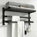 24in Towel Racks Shelf for Bathroom, Foldable Wall Mounted Towel Storage with 2 Towel Bar 9 Hook, Modern Rustproof Towel Holder with Shelves, Towel Hanger for Hotel Dorm Restroom RV Gym, Black