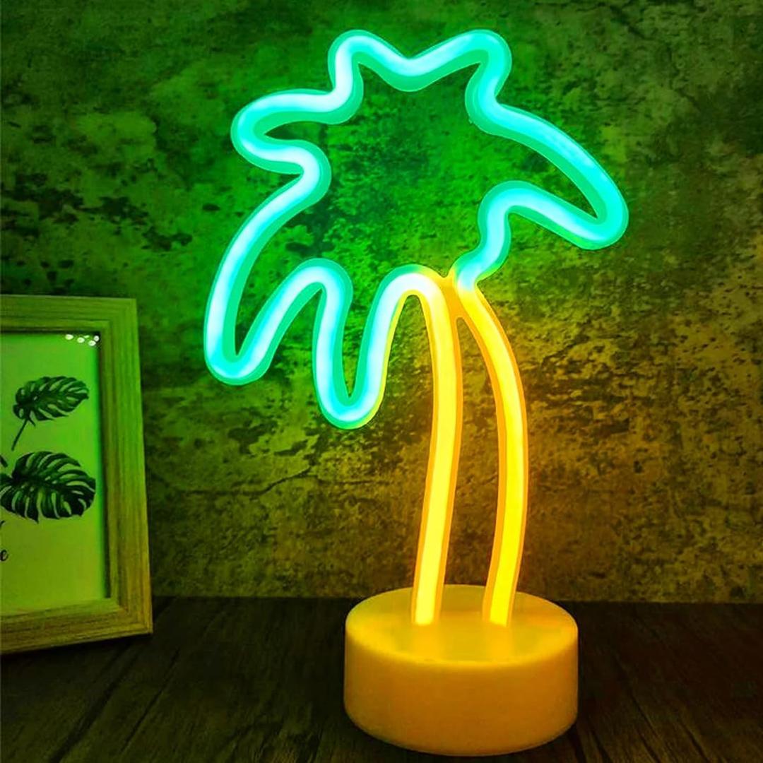 LED Palm Tree Neon Sign Battery/USB Powered Coconut Tree Light with Stand, Palm Tree Lights Tabletop Lamp for Bedroom, Tropical Hawaiian Tiki Bar Decor, Perfect for Luau Parties & Birthday Gifts
