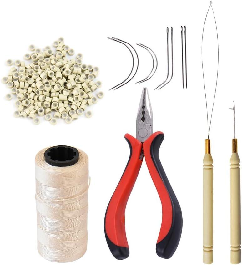 Hair Extensions Tool Kit: 200 Pcs Silicone Lined Micro Links Beads, 1 Three Hole Hair Pliers, 1 Roll Sewing Thread, 1 Loop Needle Threader, 1 Pulling Hook Needle, 8 Sewing Needles (Blonde)