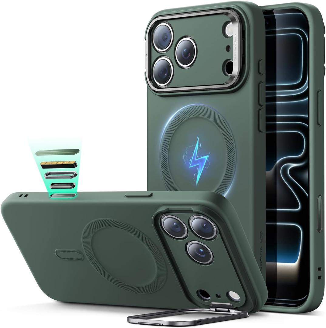ESR Silicone Case for iPhone 17 Pro Max, Built-in Camera Stash Stand Compatible with MagSafe, Military-Grade Drop Protection Magnetic Phone Case for iPhone 17 Pro Max, Cloud Series, Olive Green