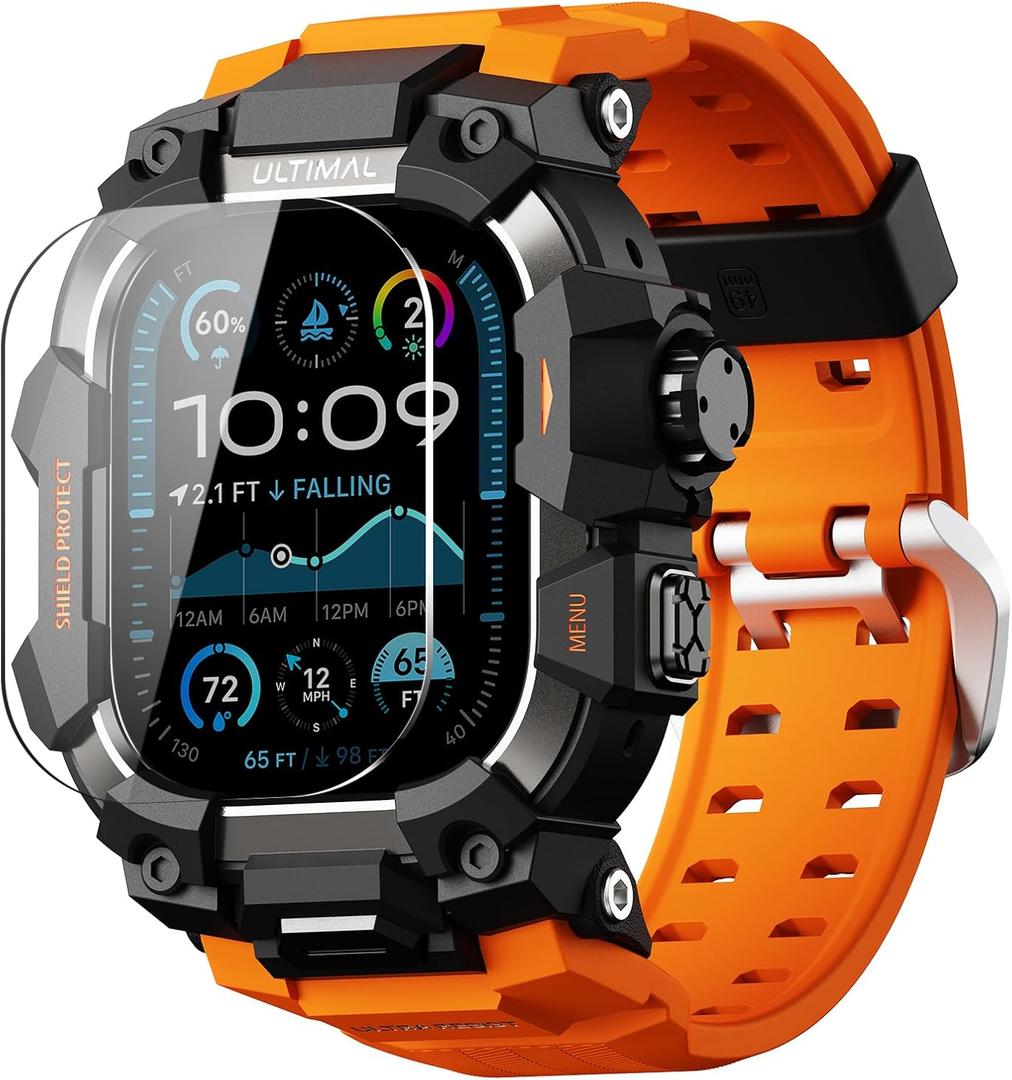 ULTIMAL Rugged Case with Band for Apple Watch 49mm,Compatible with Apple Watch Ultra/Ultra 2, Military Grade Shockproof Bumper Cover for iWatch Tactical Band Men (49mm,Orange)