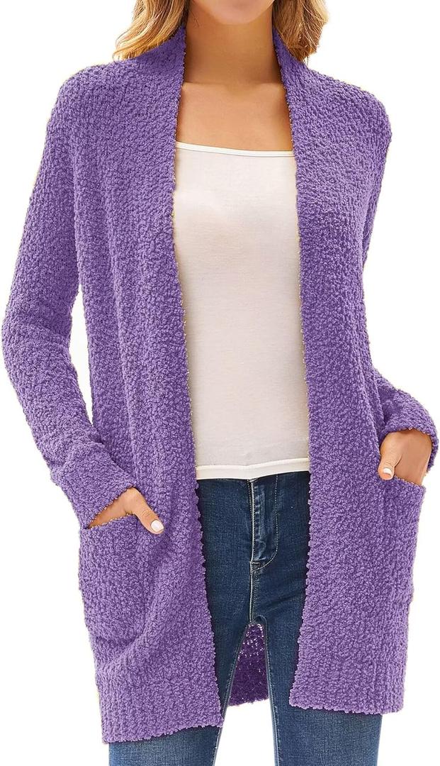 GRACE KARIN Long Cardigan Sweaters for Women, Open Front Fuzzy Winter Coat, Chunky Knit Winter Clothing with Pockets. M Size
