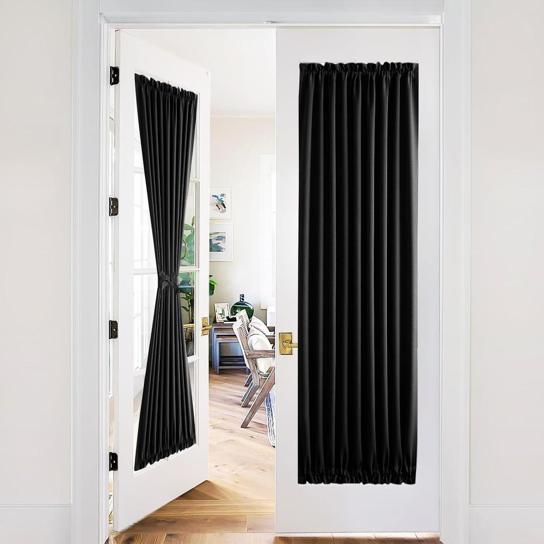 XWZO Door Curtains for Door Window, Thermal and Room Darkening Curtains for French Doors, Rod Pocket Blackout Curtains for Kitchen, 36 x 80 inches Long, Black, 1 Panel