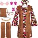 AOTHSO 8 Piece 70s Women Hippie Costume Peace Sign Earring Necklace Headband Dress Leg Sleeves Tassel Bag for Halloween Disco (X-Large, Black)