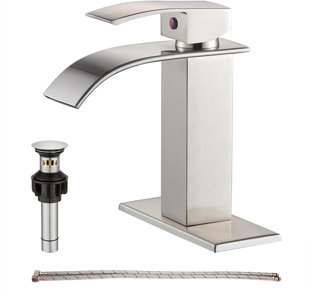 Waterfall Single Handle Bathroom Vanity Sink Faucet with Metal Pop-up Drain, Brushed Nickel Finish