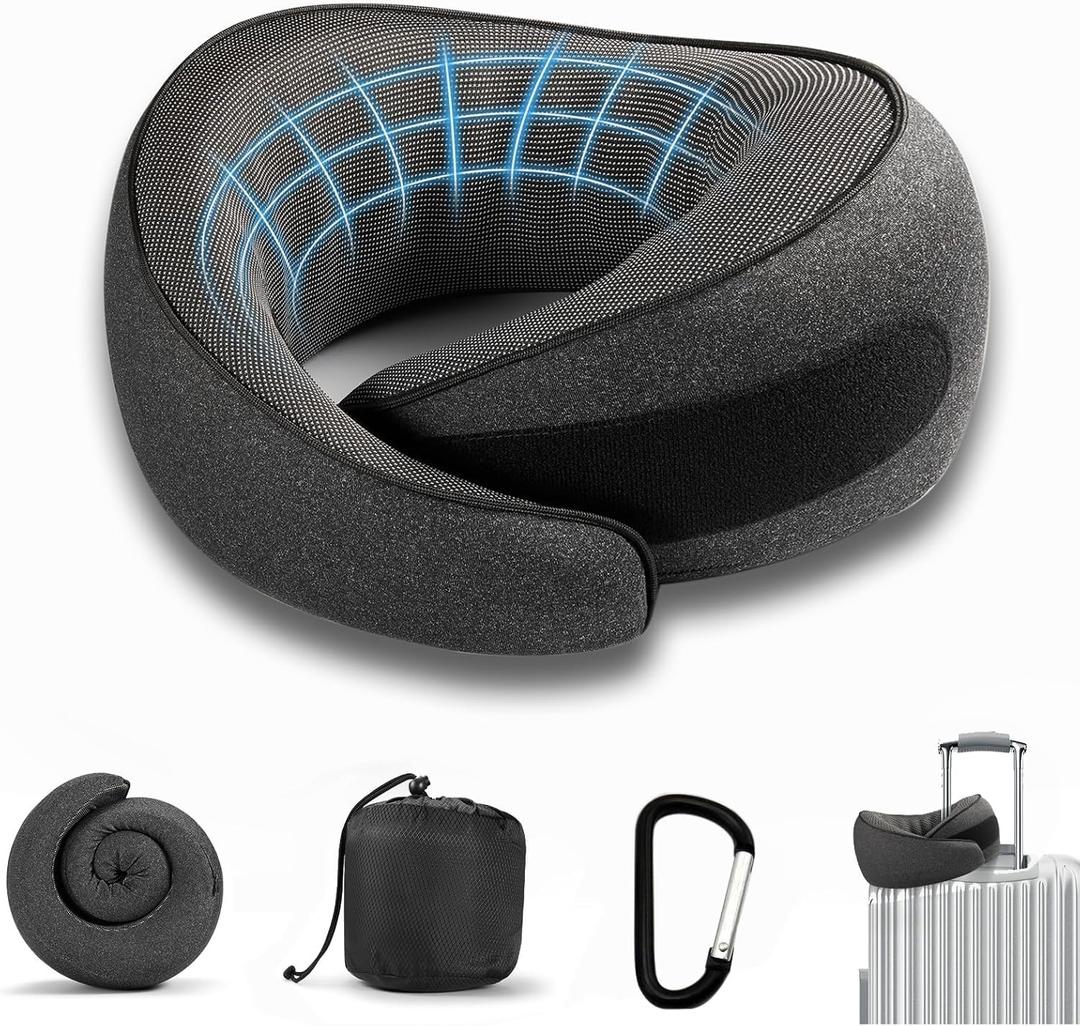 SZXYX Travel Pillows for Airplanes, 100% Pure Memory Foam Neck Pillow for Airplanes, Comfortable Breathable Cover, 360 Support Stowable Pillows for Sleeping, Car, Airport Travel Essentials Black (Small)