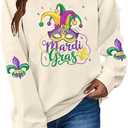 LUKYCILD Women Mardi Gras Sweatshirts Carnival Sweatshirt Funny Mask Graphic Long Sleeve Shirt Fat Tuesday Pullover Top (White, L)