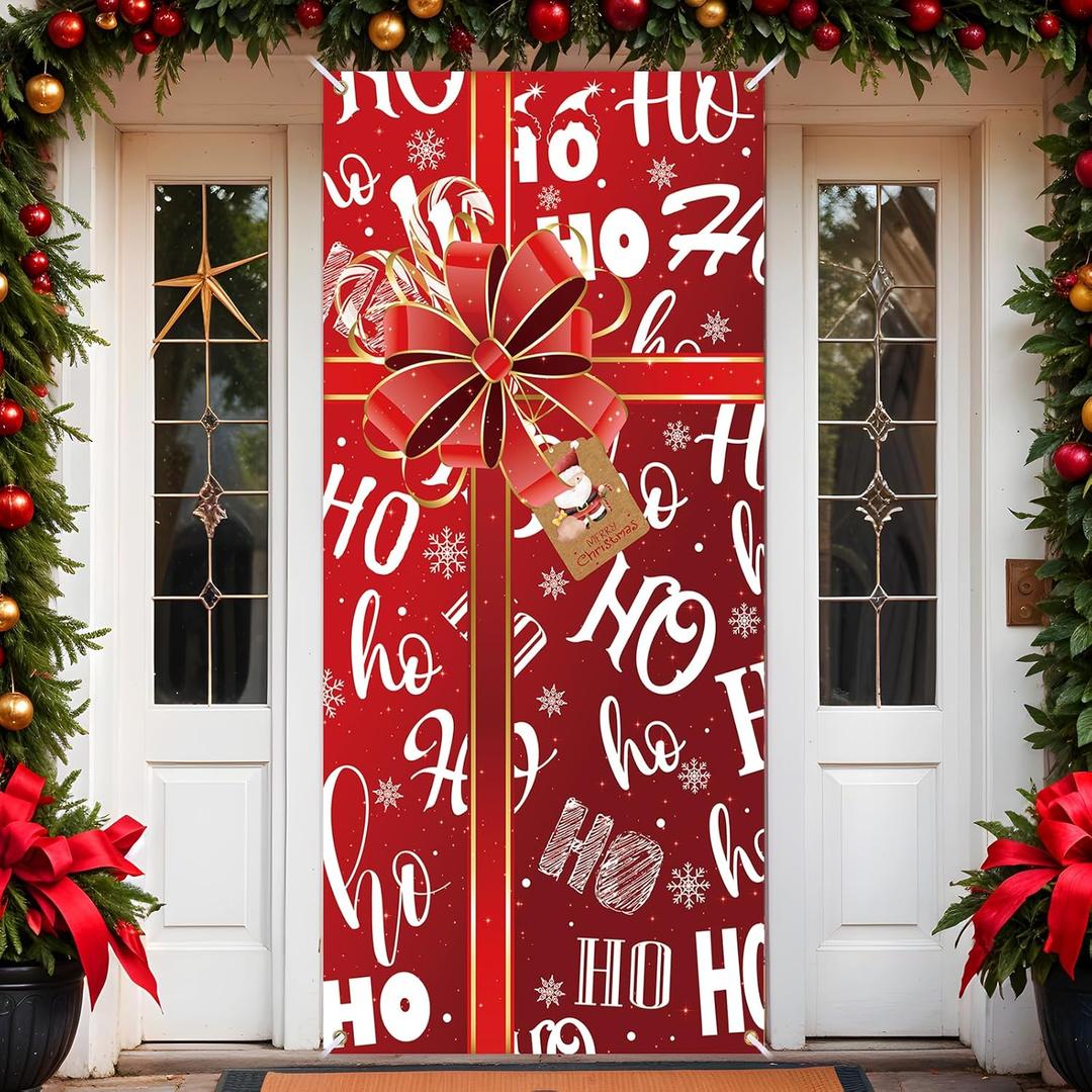Merry Christmas Door Decorations - Banner with Gift Box Cover Design, 72.8X35.4In Backdrop Hanging Banner for New Year Party Winter Holidays Xmas Decorations