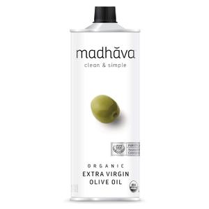 Madhava Organic Olive Oil, 1L Tin, 100% Pure, Single Source, Traceable, Cold Extracted, Non-Gmo, No Pesticides, Gluten Free, Vegan, Kosher, Extra Virgin, 33.8 Fl Oz (EXP 04/15/28)