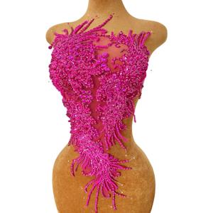 Hand Beaded Big Front Body Wedding Dress Gown Patch Patches Sew on Lace Appliques with Rhinestones Crystals Accessories DIY for Sewing Costumes Proms (deep Pink)