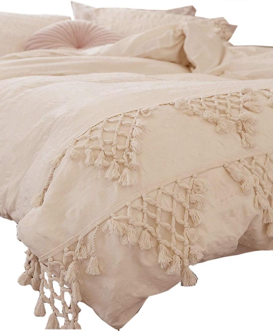Tufted Tassel Duvet Cover Cotton Cream Boho Bedding Twin, 68''x90''