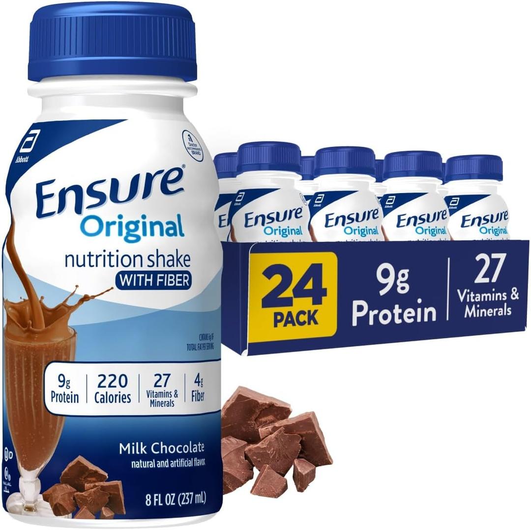Ensure Original Milk Chocolate Nutrition Shake With Fiber | Small Meal Replacement Shake | Ready to Drink | 9g Protein, 27 Vitamins and Minerals | 8 fl oz - 24 Pack, Best By 1 April 2026 