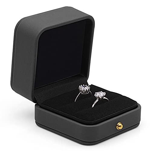 MYEBIUAI Ring Box Wedding Engagement Box Dark Gray, Square Leather Velvet Jewelry Ring Bearer Box, Premium Gorgeous Vintage Double Slots Ring Box for Proposal, Ceremony, Anniversary, Gift