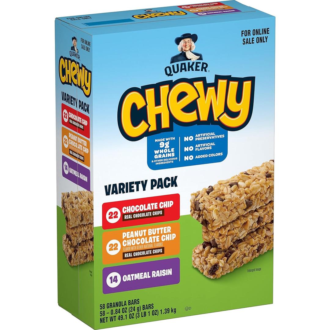 Quaker Chewy Granola Bars, 3 Flavor Variety Pack,58 Count (Pack of 1) (EXP 01/26/26)