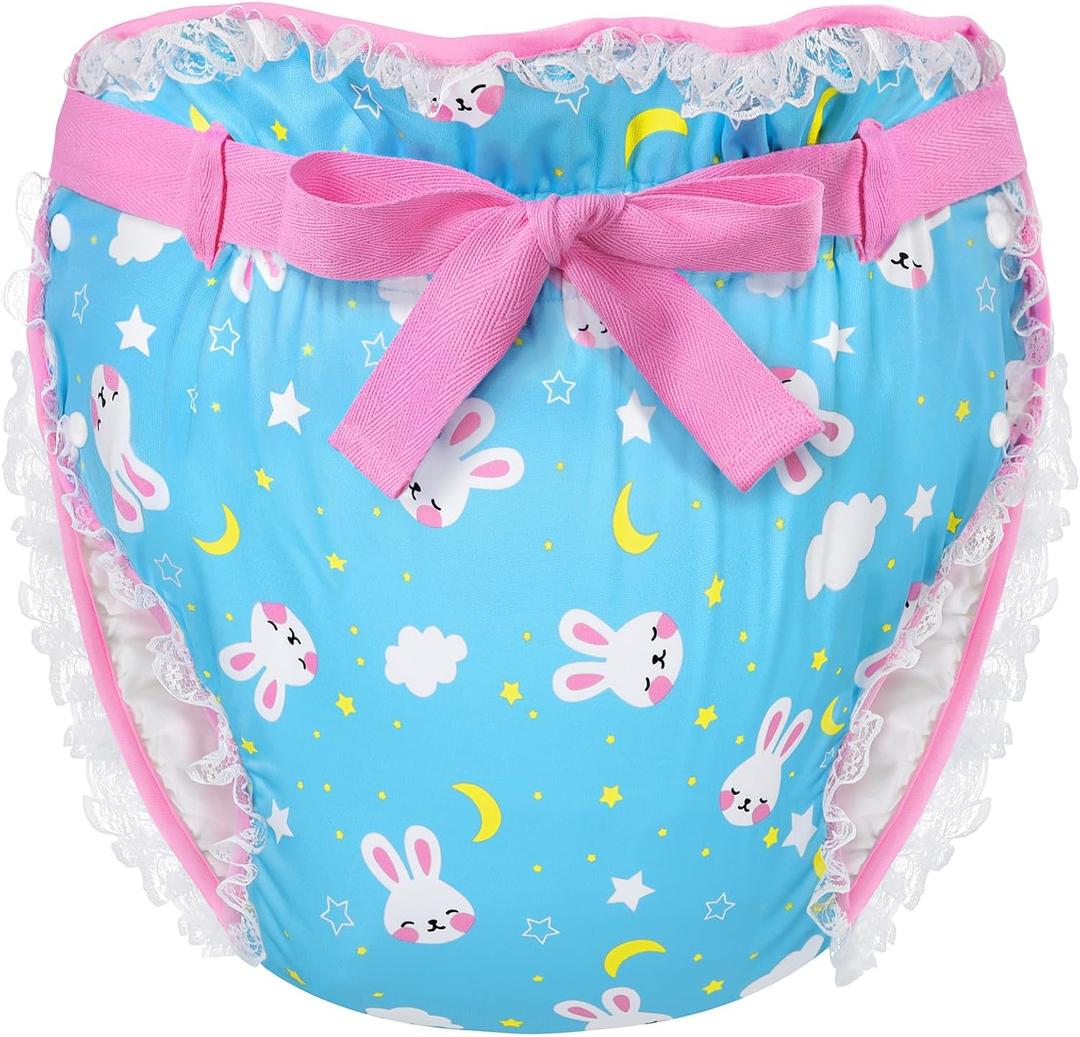 Littleforbig Silky Adult Ribbon Omutsu Diaper Wrap Cover Washable Adjustable Reusable Waterproof - Snuggle Bunny Pattern M (Blue)