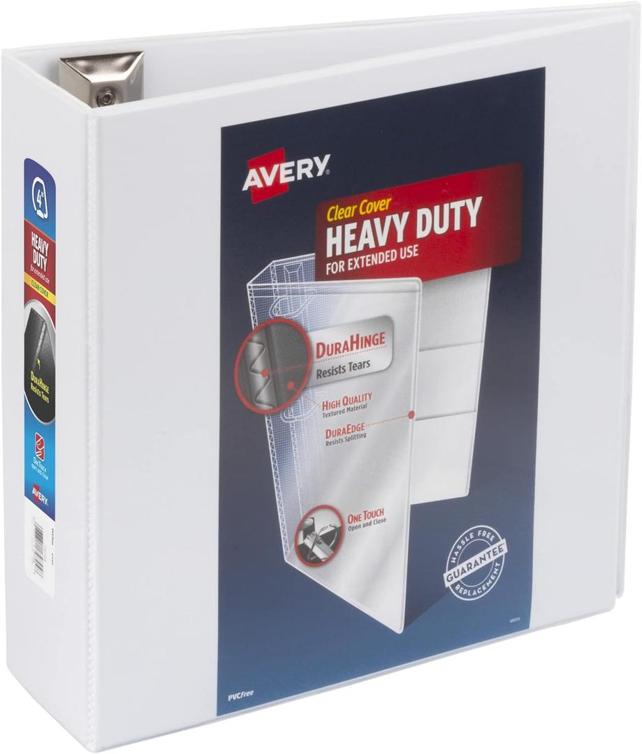 Avery Heavy Duty View 3 Ring Binder, 4" One Touch Slant Ring, Holds 8.5" x 11" Paper, 4 White Binders (79704)