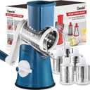 Geedel Rotary Cheese Grater Cheese Shredder - Upgraded 5-in-1 Cheese Grater with Handle and Strong Suction Base, Multi-purpose Vegetable Slicer Ice Shaver Nuts Grinder for Ice, Vegetables, Fruit, Nuts (Blue White)