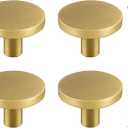 Yiking 4 Pack Solid Brass Door Handles, Round Matte Gold Kitchen Cabinet Knobs 100% Solid Brass1.1-inch(28mm) Diameter for Dresser Drawer Pulls Desk Cupboard Brushed Gold Cabinet Knobs
